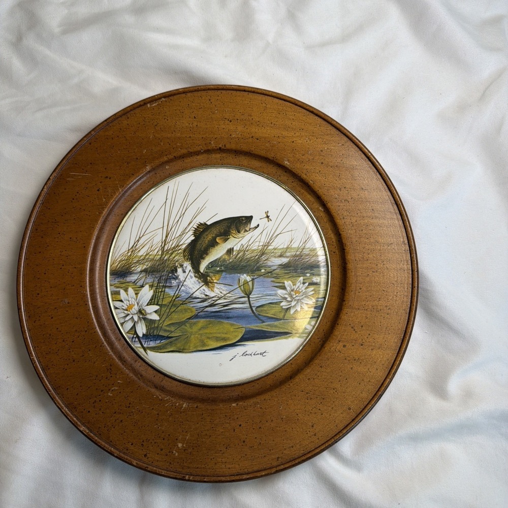 Vintage James Lockhart FISH Bass Plate in Wood Frame 1975 James Beam Distilling